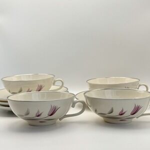 Vintage Franciscan China Carmel Set of 4 Tea Cups Saucers Pink Floral Tulips USA
